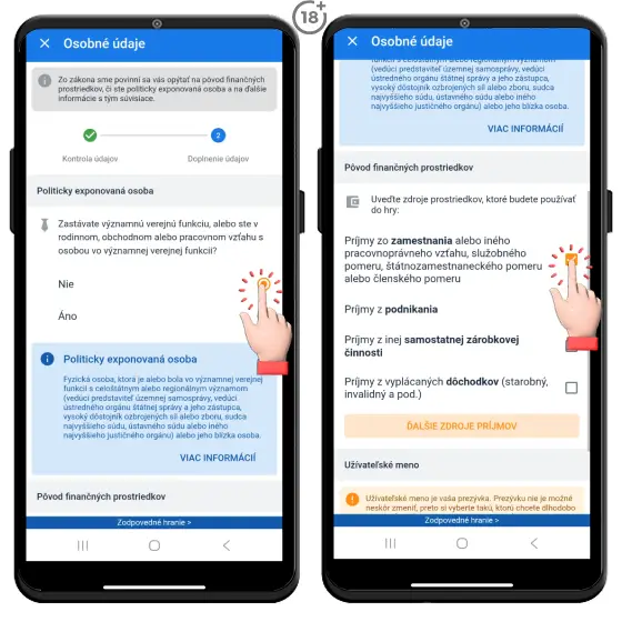 Obrázkový postup, ako vyplniť ďalšie osobné údaje, ako politicky exponovaná osoba a pôvod finančných prostriedkov, počas registrácie v Tipsport online casine.