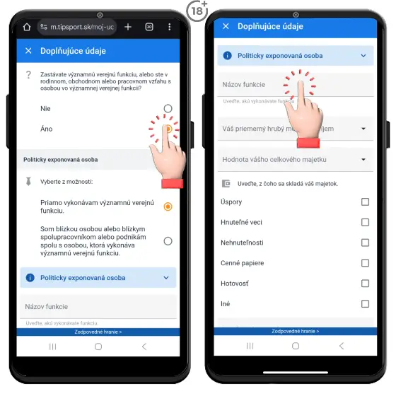 Obrázkový postup, ako a kde vyplniť dodatočné osobné údaje v rámci registrácie do Tipsport online kasína.
