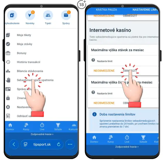 Obrázkový návod, ako si nastaviť sebaobmedzujúce opatrenia v podobe herných limitov v Tipsport online casine po úspešnej registrácii.