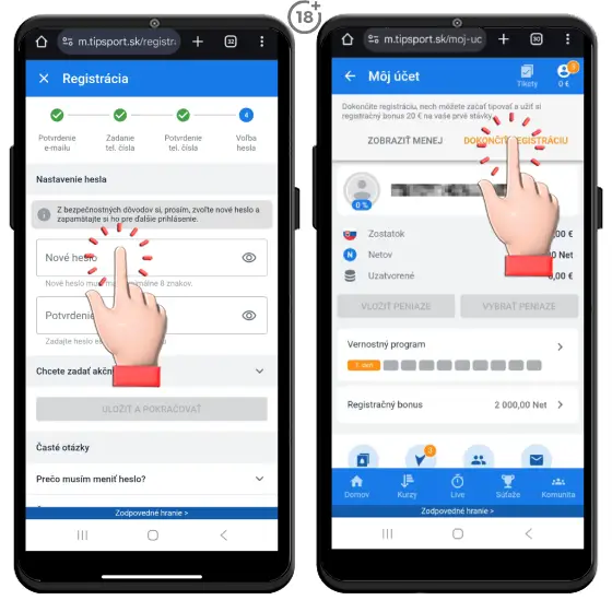 Jednoduchý obrázkový postup, ako si nastaviť heslo pri online registrácii do Tipsport casina a pokračovať na overenie identity hráča.