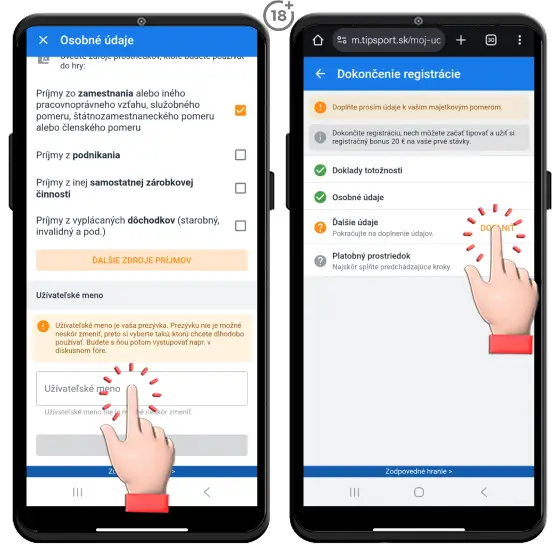 Jednoduchý obrázkový návod, kde a ako vyplniť užívateľské meno a prejsť na ďalší krok v rámci registrácie do Tipsport online casina