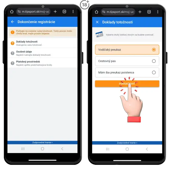 Vizuálny návod, ako si vybrať ďalší doklad totožnosti na overenie v rámci registrácie do online kasína Tipsport.