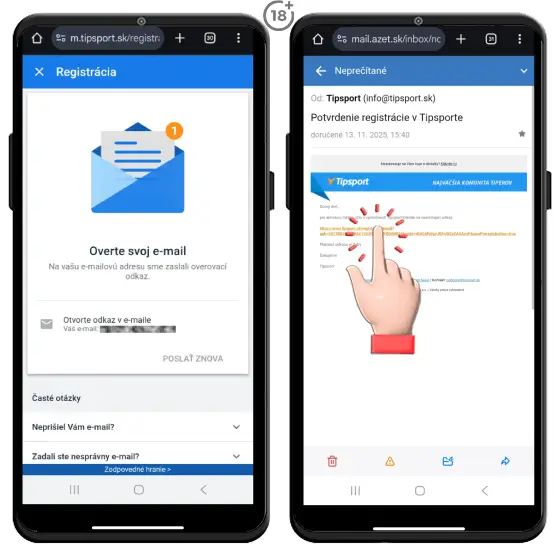 Vizuálny postup, ako overiť e-mailovú adresu hráča v druhom kroku online registrácie v Tipsport kasíne.
