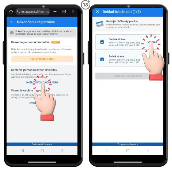 Jednoduchý obrázkový postup, ako začať overenie totožnosti hráča nahraním prednej a zadnej strany občianskeho preukazu v rámci registrácie do Tipsport online kasína.