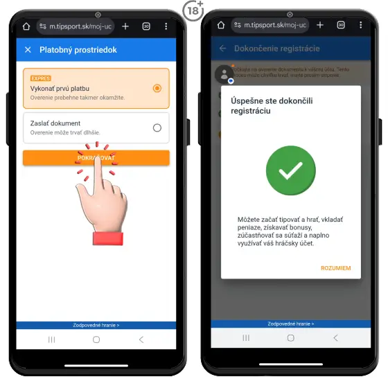 Vizuálny návod, ako overíte svoj bankový alebo iný účet v poslednom kroku registrácie do Tipsport online kasína.