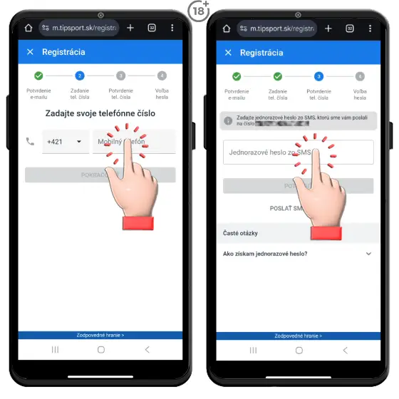 Vizuálny návod, ako overiť telefónne číslo hráča pri registrácii do Tipsport online kasína.