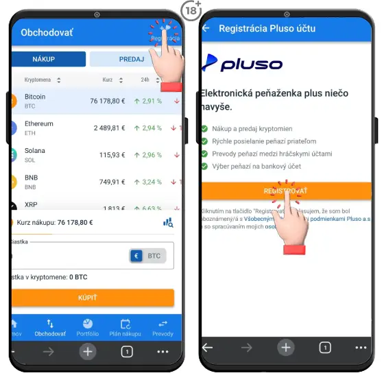 Jednoduchý vizuálny návod, ako sa zaregistrovať do Pluso peňaženky, ak chcete v Tipsporte zakúpiť kryptomeny ako Bitcoin, Ethereum, Solana alebo XRP.
