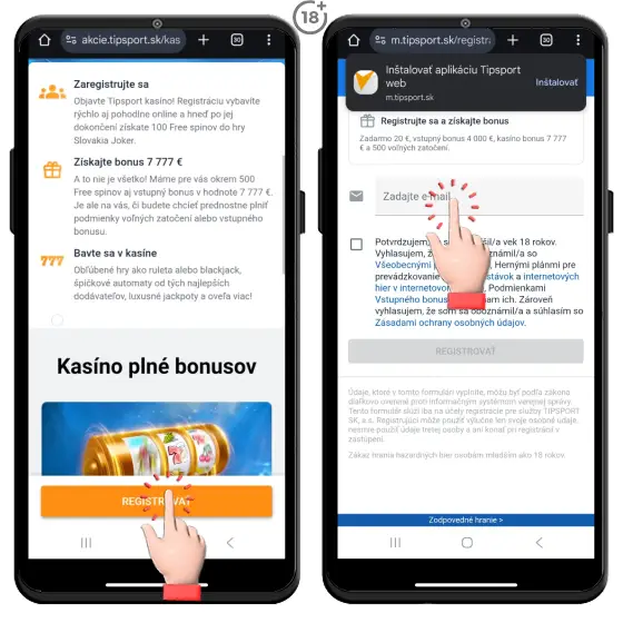 Obrázkový návod, ako v prvom kroku registrácie do Tipsport online casina zadať e-mailovú adresu hráča.