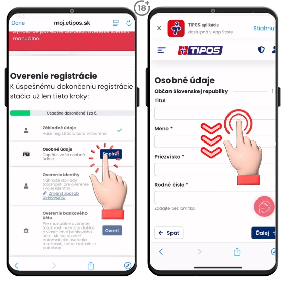 Doplnenie osobných údajov v Tipos registrácii 