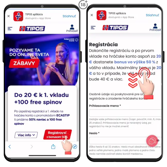 Tipos registrácia začína kliknutím na registrovať a vyplnením základných údajov