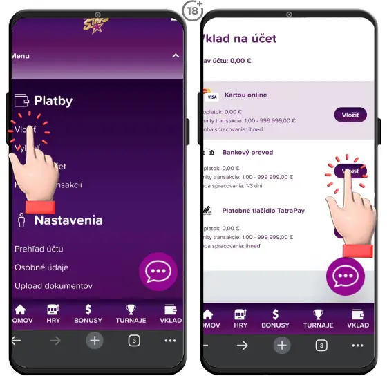 Jednoduchý obrázkový návod, ako vložiť peniaze na hráčsky účet v Rebuy Stars online kasíne bankovým prevodom.