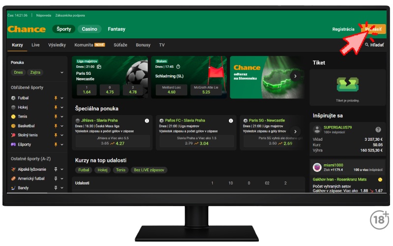 Prihláste sa v počítači do online kasína Chance.