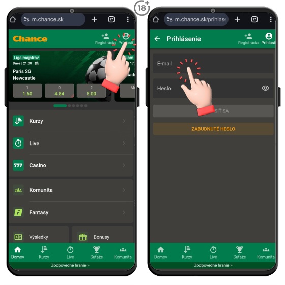 Obrázkový postup ako sa prihlásiť na webe Chance kasína.