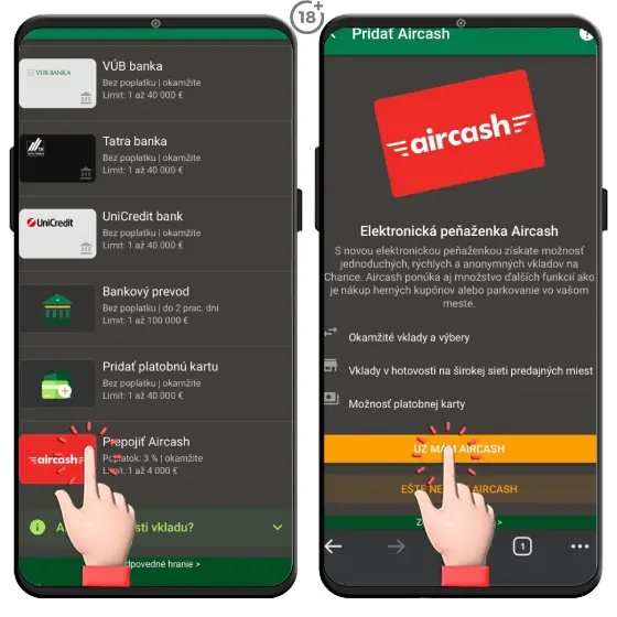 Vizuálny postup, ako uskutočníte vklad na herné konto v online kasíne Chance prostredníctvom elektronickej peňaženky Aircash.