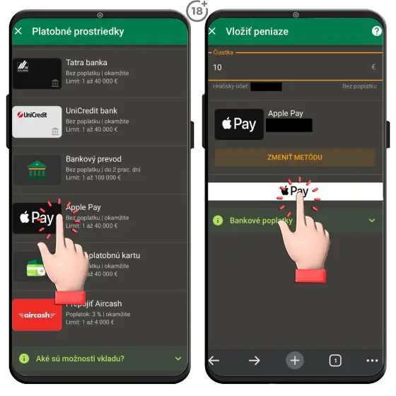 Obrázkový postup, ako vložíte peniaze prostredníctvom služby Apply Pay na hráčsky účet v Chance online casine.