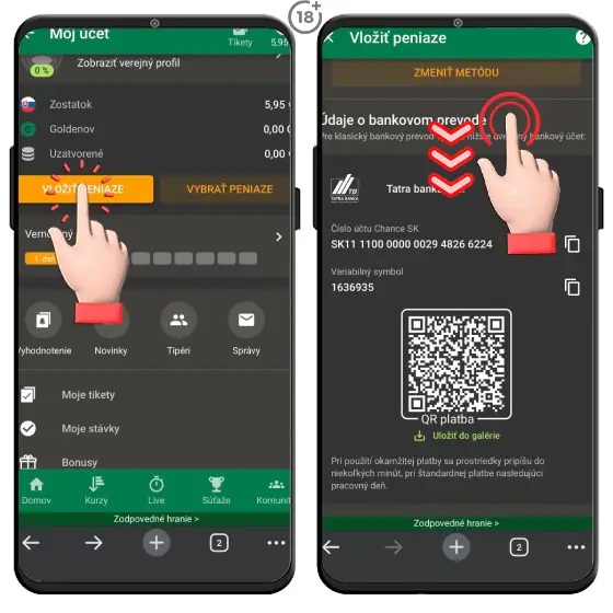 Jednoduchý obrázkový návod, ako vložiť cash bežným bankovým prevodom na herné konto v Chance online kasíne.