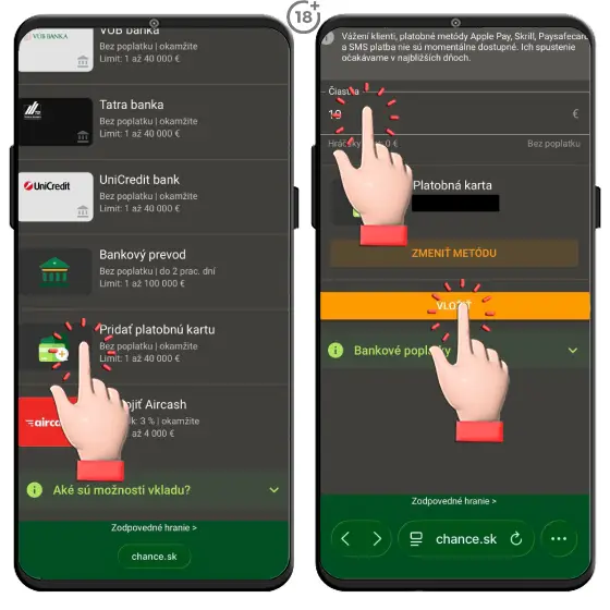 Obrázkový návod, ako uskutočniť vklad na hráčsky účet prostredníctvom platobnej karty v online kasíne Chance.