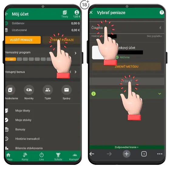 Obrázkový návod, ako vybrať peniaze z online kasína Chance na bankový účet alebo Revolut.