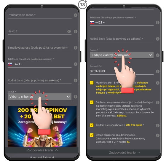 Zadanie Fortuna promo kódu SKCASINO v registračnom formulári pri voľbe vlastného kódu