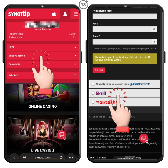 Synottip a výber peňazí cez Skrill