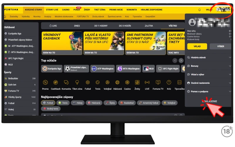 Fortuna a odhlásenie z účtu na pc