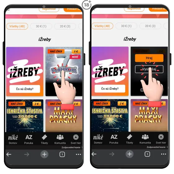 Obrázkový postup, ako si zahrať online stieracie žreby zadarmo na webstránke Niké.