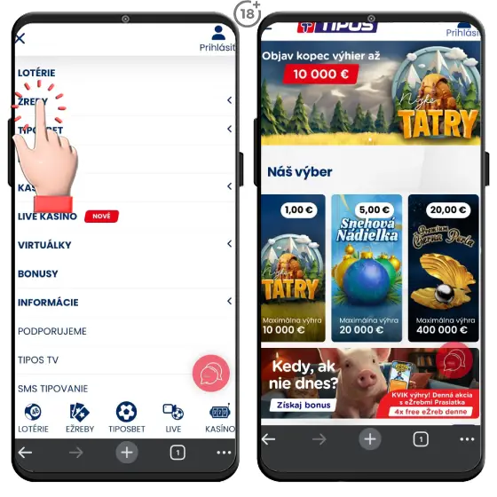 Obrázkový návod, ako nájsť a zahrať si online stieracie žreby na webstránke Tiposu.