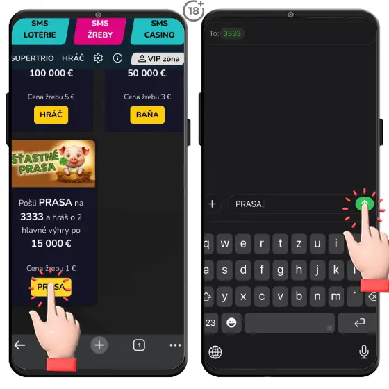 Jednoduchý vizuálny postup, ako si zahrať SMS žreb Tiposu Šťastné prasa.