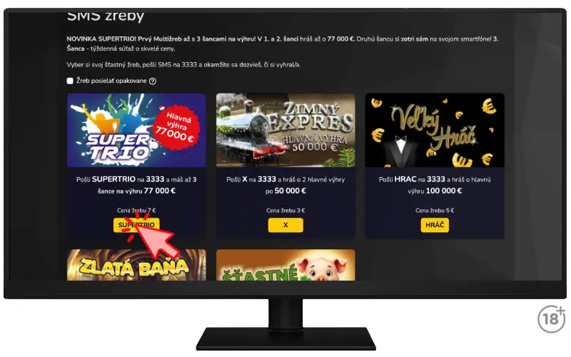 Jednoduchý obrázkový návod, ako si zahrať online žreby cez SMS v Tipose.
