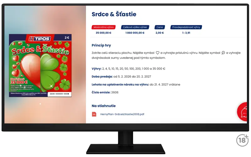 Obrázková ukážka stieracieho žrebu Srdce & Šťastie od Tiposu s informáciami o výhrach, dobe predaja, lehote na uplatnenie nároku na výhru či čísle emisie. Na webstránke prevádzkovateľa je taktiež k dispozícii aj herný plán.