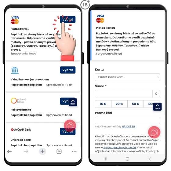 Vložte si peniaze na Tipos účet pomocou platobnej karty.