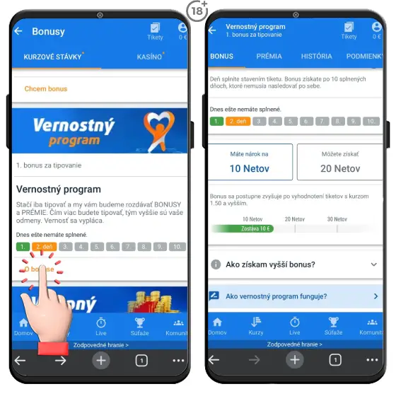Obrázkový návod, kde nájsť bonusy v rámci vernostného programu v hráčskom účte v Tipsporte.
