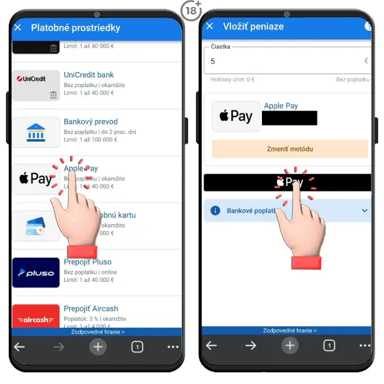 Vizuálny postup, ako vložiť peniaze cez službu Apple Pay na hráčsky účet v Tipsport online kasíne.