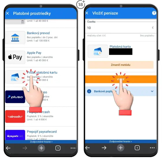 Obrázkový návod, ako realizovať vklad na herné konto prostredníctvom platobnej karty v Tipsport online casine.