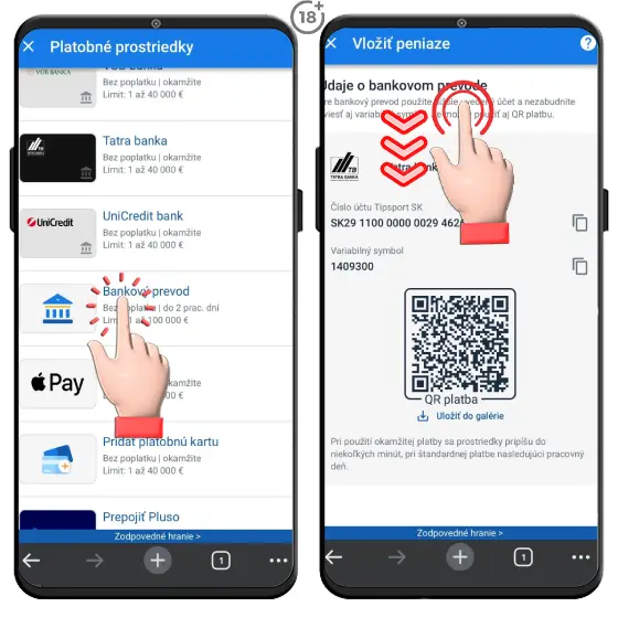 Jednoduchý obrázkový návod, ako uskutočniť vklad na hráčsky účet v online kasíne Tipsport bankovým prevodom.