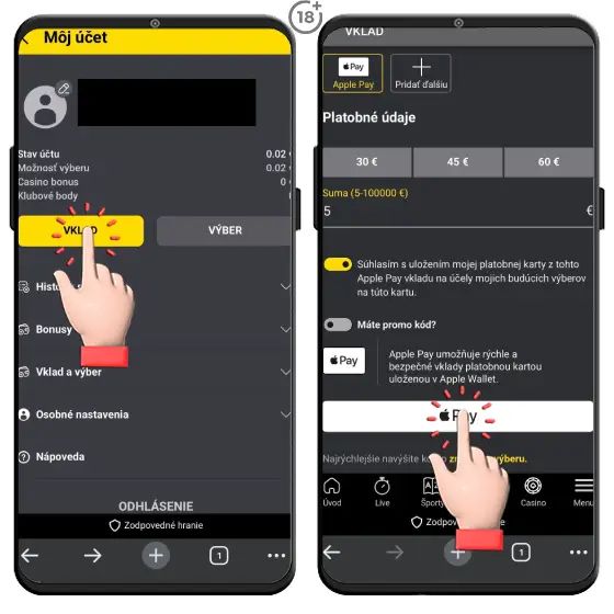 Vloženie peňazí vo Fortune cez Appple Pay