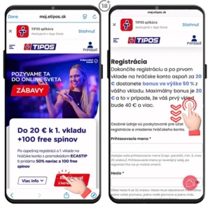 Tipos registrácia začína kliknutím na registrovať a vyplnením základných údajov