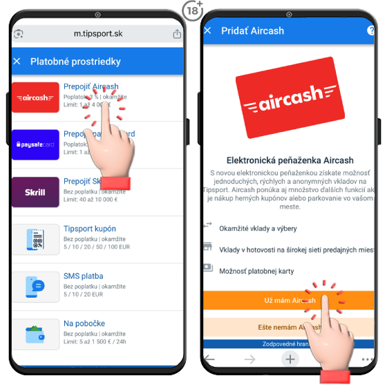 Obrázkový návod, ako vykonať vklad na hráčsky účet v Tipsport online kasíne cez epeňaženku Aircash.