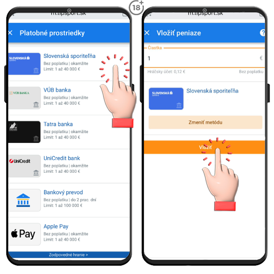 Obrázkový návod, ako uskutočniť vklad na hráčsky účet v Tipsport online kasíne cez rýchly internet banking.