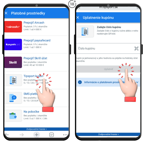 Vizuálny návod, ako uskutočniť vklad na hráčsky účet v Tipsport online kasíne prostredníctvom kupónu.