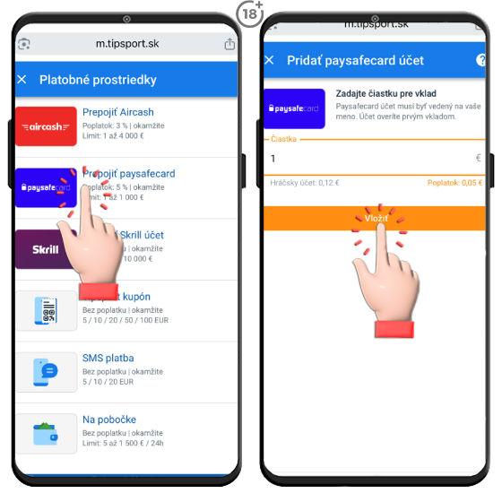 Obrázkový návod, ako uskutočniť vklad na hráčsky účet v Tipsport online casine prostredníctvom Paysafecard.