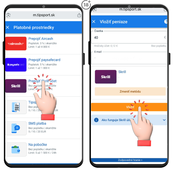 Obrázkový návod, ako uskutočniť vklad na hráčsky účet v Tipsport online casine cez digitálnu peňaženku Skrill.