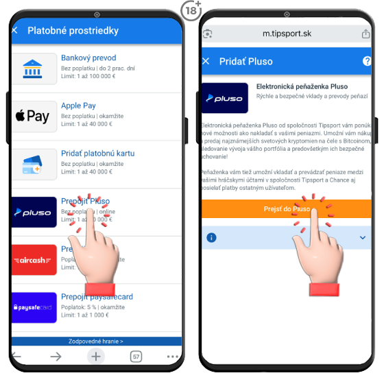 Vizuálny postup, ako vykonať vklad na hráčsky účet v Tipsport online kasíne cez digitálnu peňaženku Pluso.