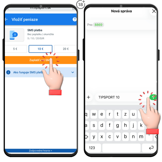 Obrázkový návod, ako uskutočniť vklad na herné konto v online casine Tipsport cez SMS správu.
