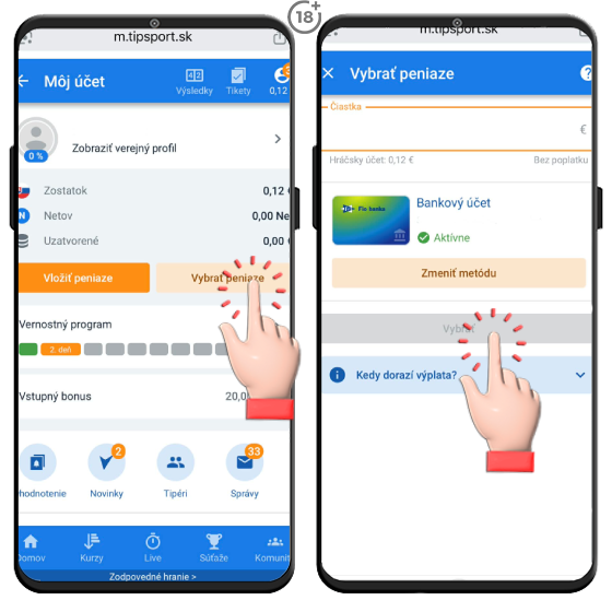 Obrázkový návod, ako uskutočniť výber bankovým prevodom na bankový účet hráča z Tipsport online casina.