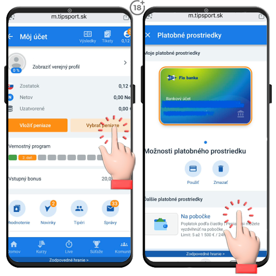 Vizuálny postup, ako vykonať výber peňazí v hotovosti na vybranej pobočke Tipsportu.