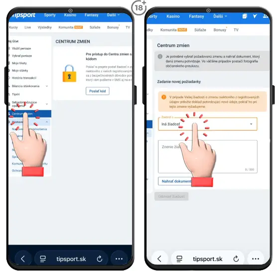 Obrázkový postup, ako si podať žiadosť o zmenu bankového účtu IBAN v online casine Tipsport.