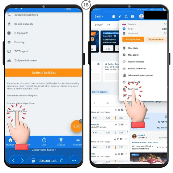 Obrázkový návod, ako si podať žiadosť o zmenu bankového účtu IBAN v online casine Tipsport.