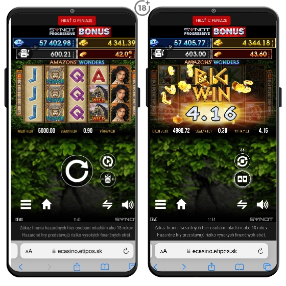 Mobilná verzia automatu Amazons Wonders od SYNOT Games s Wild symbolmi, Scatter symbolmi a ukážkou výhernej kombinácie počas hrania zdarma v online kasíne