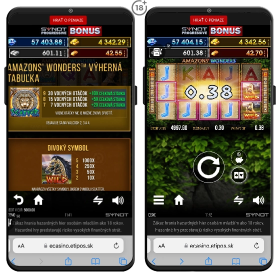 Bonusové symboly a výherné kombinácie v automate Amazons Wonders od SYNOT Games vrátane Wild symbolu, Scatter symbolu a ukážky free spinov v mobilnej verzii hry